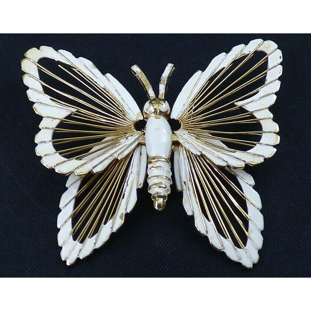 Butterfly Brooch Pin White Enamel Harp Gold Tone Metal Figural Jewelry